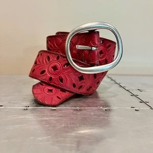 FOSSIL Red Leather Tooled Belt Size Small